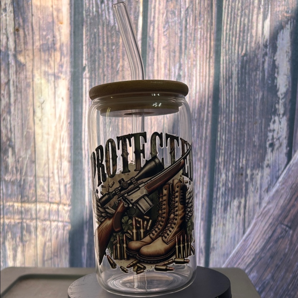 Protective Themed Glass Tumbler with Straw